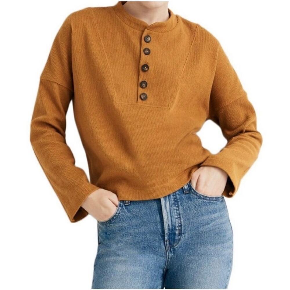 Madewell Texture Thread Seamed Henley Gold Burnt Orange Small Long Sleeve Fall